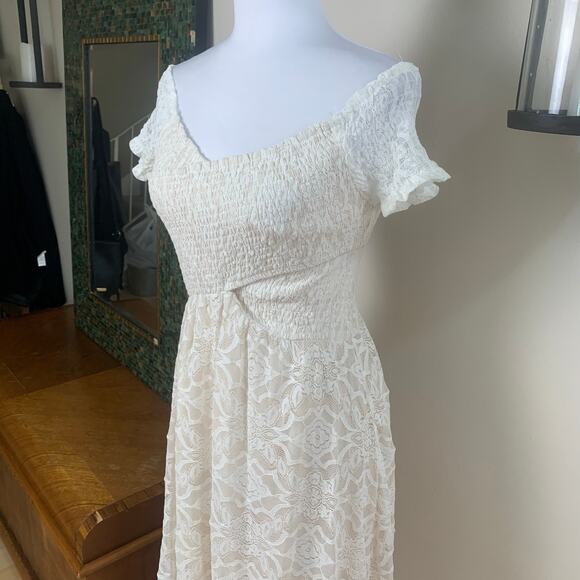 Aakaa Sz S Lace Smocked Dress Cream Ivory Short Sleeve Long Wedding Bridal - Picture 6 of 15